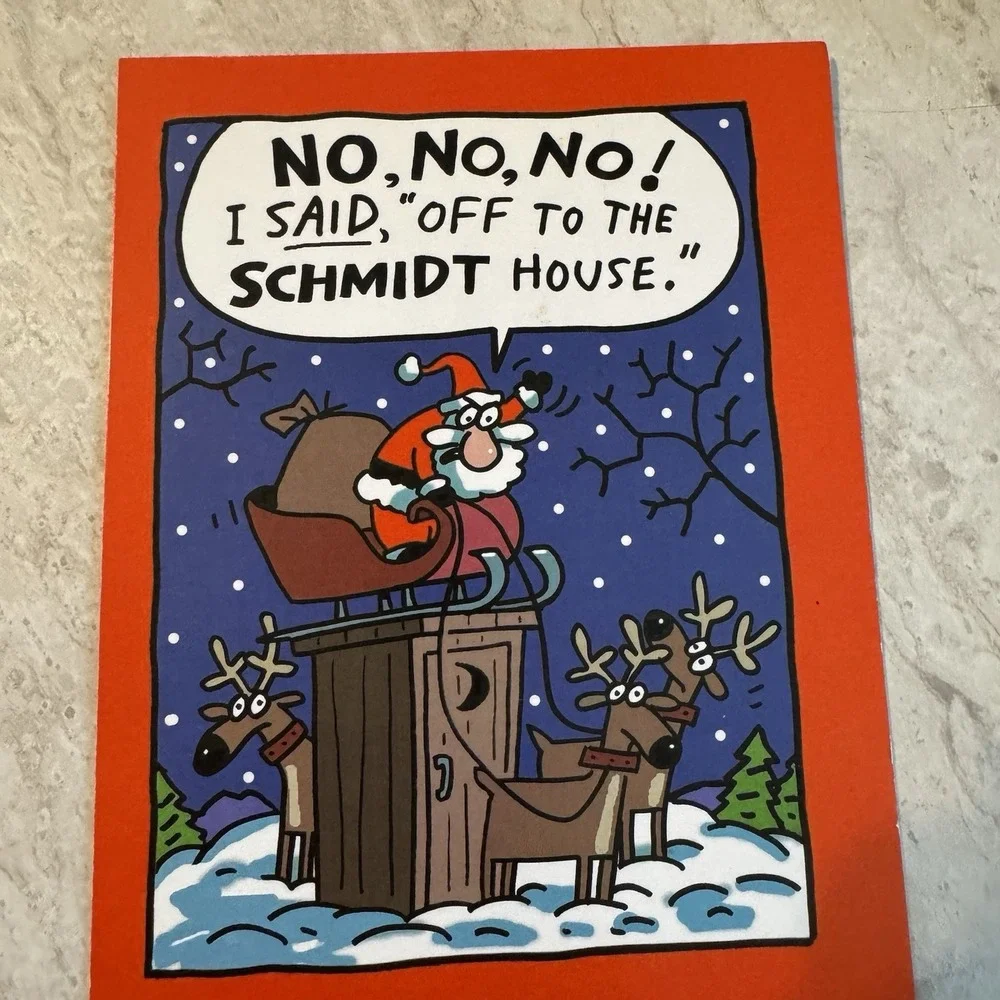 Funny VTG Christmas Card + Envelope Santa & Reindeer Greeting Inside UNUSED‎